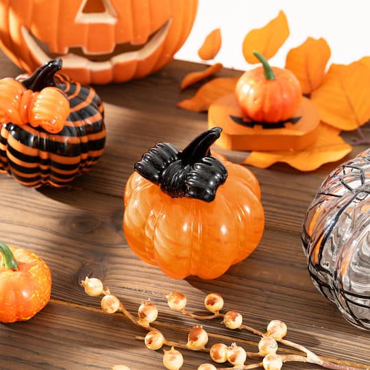 Glitzhome® 4.75" Halloween Striped Glass Pumpkin with Bow